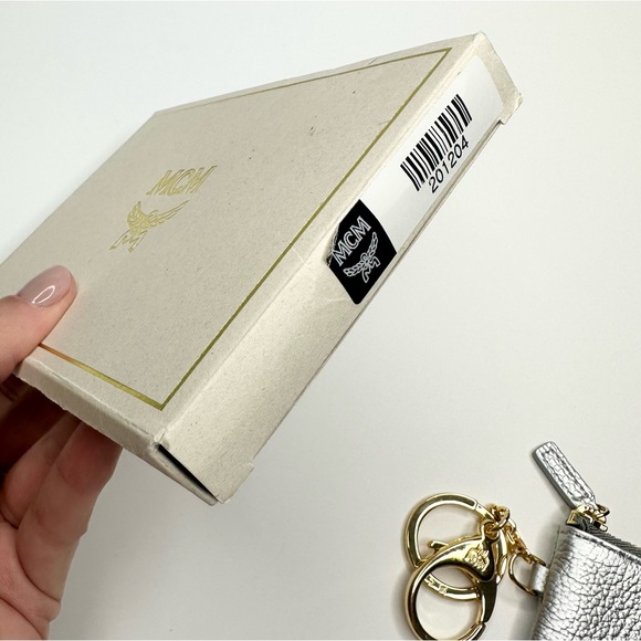 MCM Metallic Silver Visetos Leather Coin/Card
Pouch w/ Gold Keychain, NWT